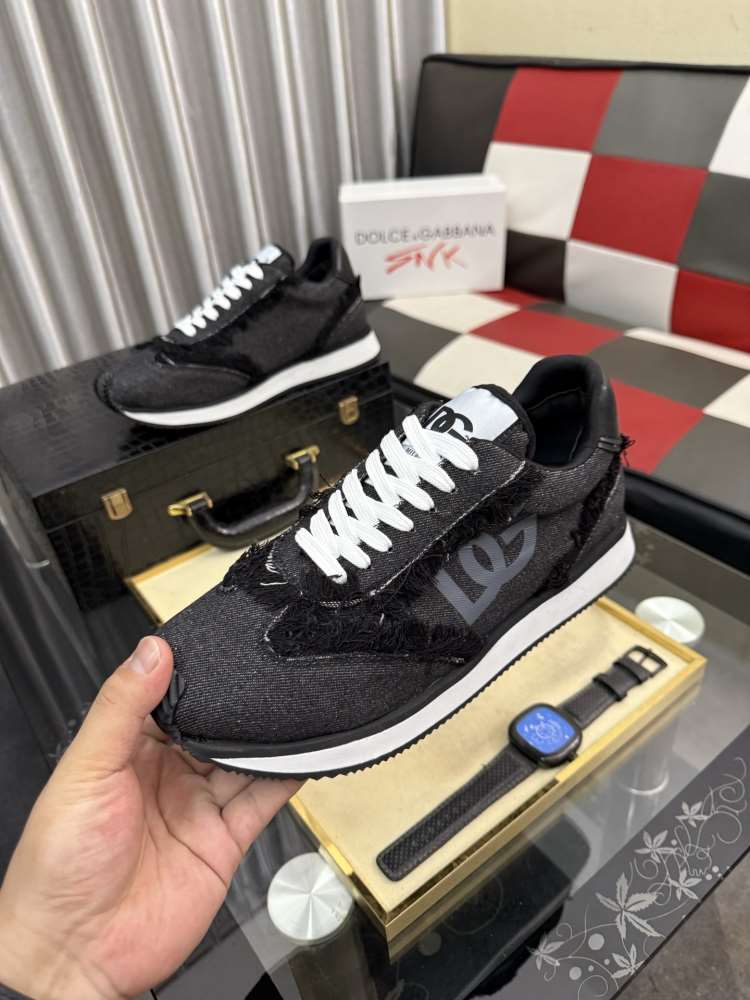 2026入荷【Dolce & Gabbana】スニーカー デニム×レザー DG柄 グレー×ブラック カジュアル