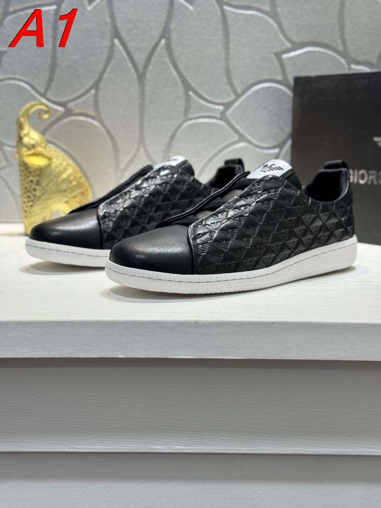 2026入荷【Armani】スリッポン レザー×ファブリック 菱格压纹 ブラック×ホワイト カジュアル
