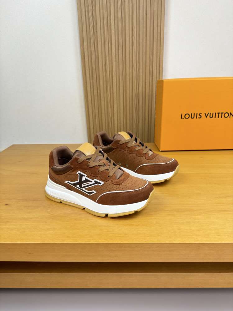 2026発売中！【Louis Vuitton】スニーカースエード×レザー  Logo装饰 布朗×アイボリー ストリート