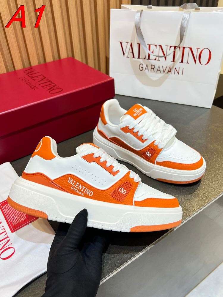 2026新作【Valentino】スニーカーレザー 双V Logo プラットフォーム 白×オレンジ カジュアル