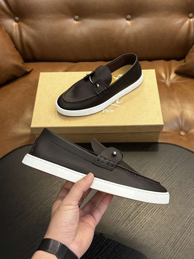 2026発売中!【Christian Louboutin】ローファー レザー 编织紋様×珠子装飾 ブラウン×ホワイト ビジネス