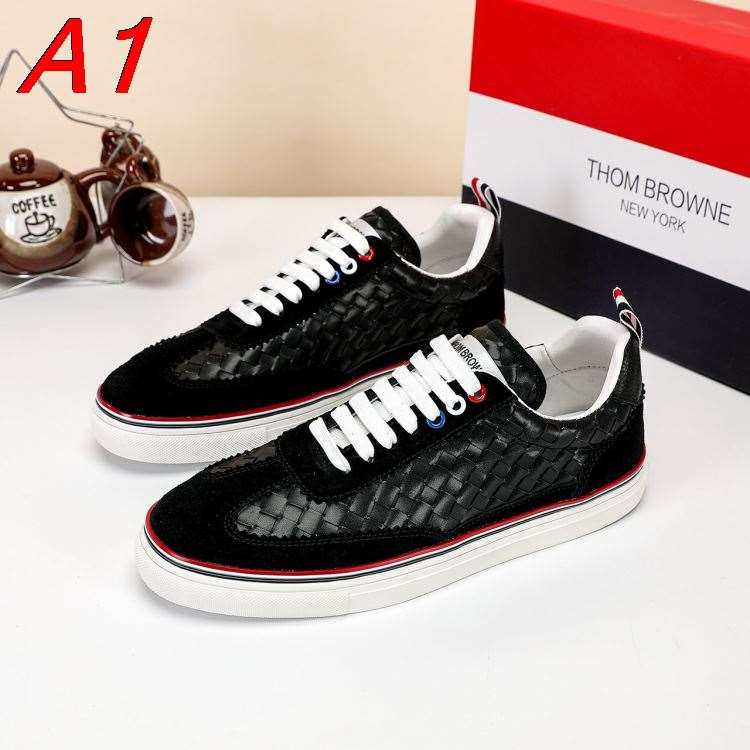 2026入荷【Thom Browne】スニーカー レザー编织テクスチャー Black×トリコロール カジュアル