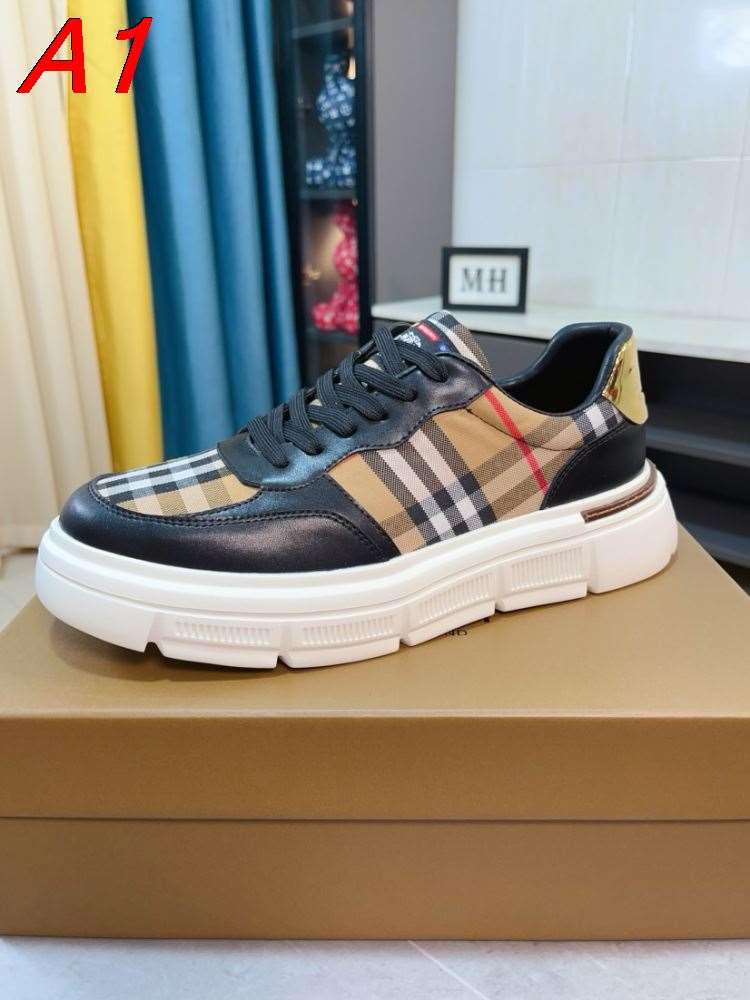 2026新作発表【Burberry】チャンキースニーカー レザー×キャンバス クラシック格子柄 黒×ベージュ×赤 ストリート