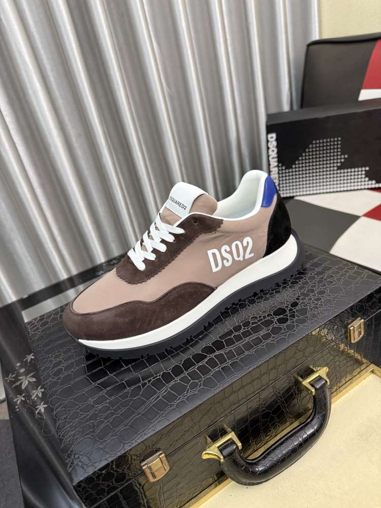 2026発売【DSquared2】スニーカー スエード×织物 DSQ2柄 白底 布朗×ベージュ カジュアル