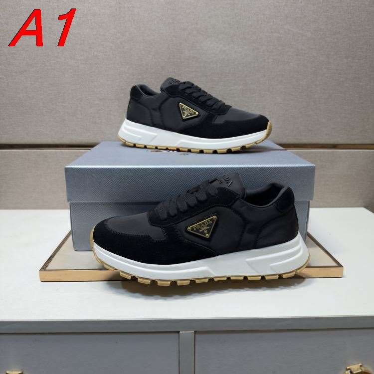 2026新作【Prada】スニーカー スエード×织物 金色三角标 Black×ベージュ カジュアル