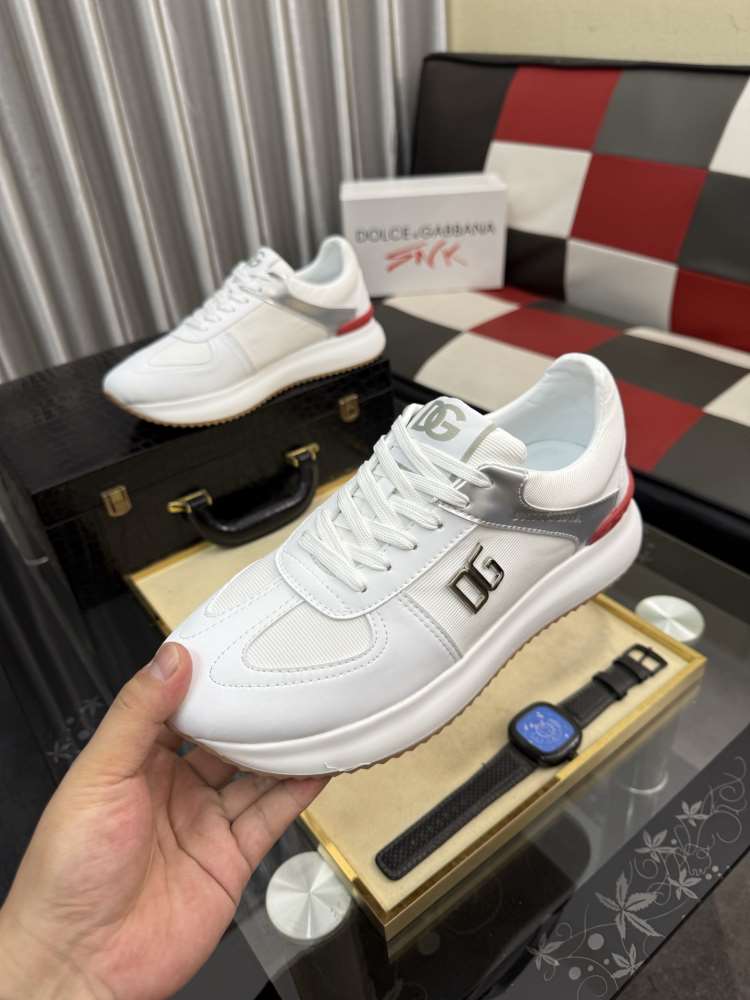 2026発売【Dolce & Gabbana】スニーカー レザー×メッシュ DGロゴ ホワイト×グレー×レッド カジュアル