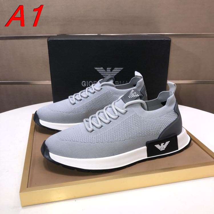 【Armani】ローカットスニーカー ファブリック×レザー ロゴプリント グレー×ホワイト カジュアル