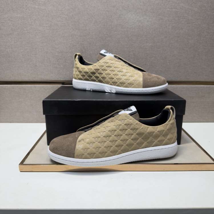 2026新作【Armani】スリッポン ファブリック×スエード キルティング カーキ×ブラウン カジュアル