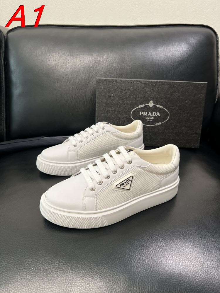 2026発売中!【Prada】スニーカー 网布×レザー 倒三角标识 White×ベージュ カジュアル