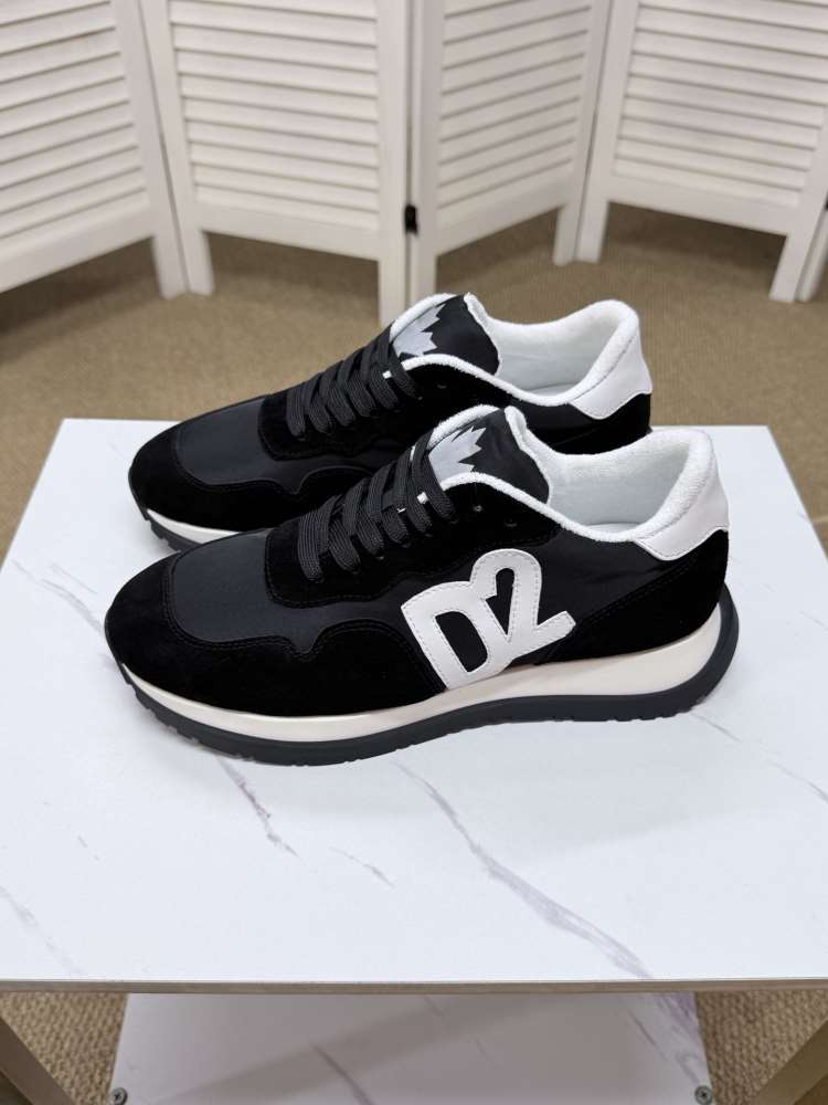 2026入荷【DSquared2】スニーカー スエード×织物 D2-logo ブラック×ホワイト カジュアル