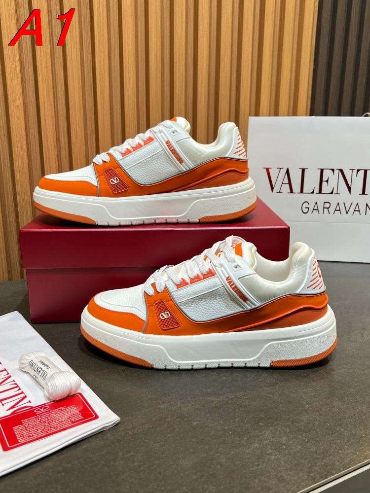 2026新作【Valentino】スニーカーレザー Brand Logo 放射ライン プラットフォーム 白×オレンジ カジュアル