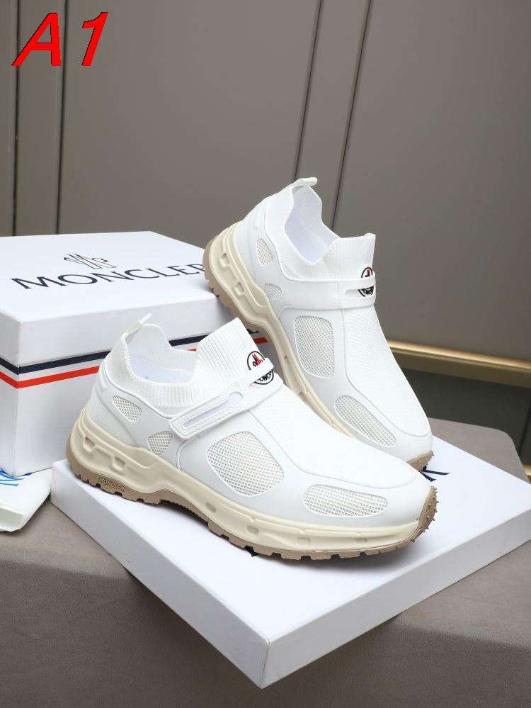 2026発売中!【Moncler】スリッポン ニット×レザー 魔术贴装饰 山峰ロゴ :white カジュアル