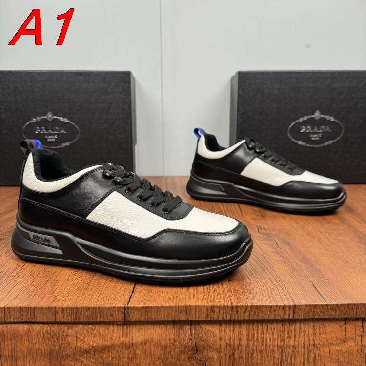 2026新作発表【Prada】スニーカー レザー 黑白拼接 青×Red亮点 黑白撞色 ストリート