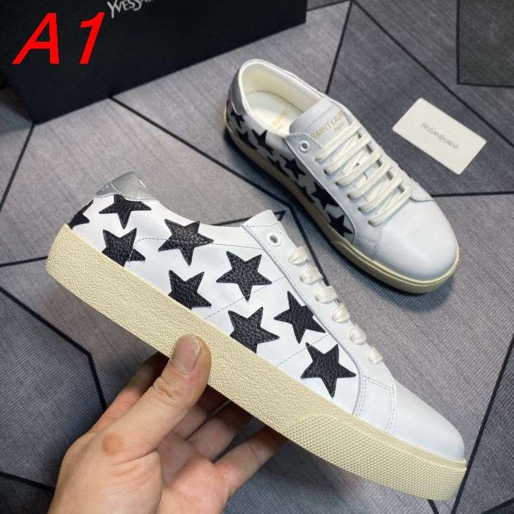 【Saint Laurent】スニーカーレザー 星装飾 YSL Logo プラットフォーム 白×黒×シルバー カジュアル
