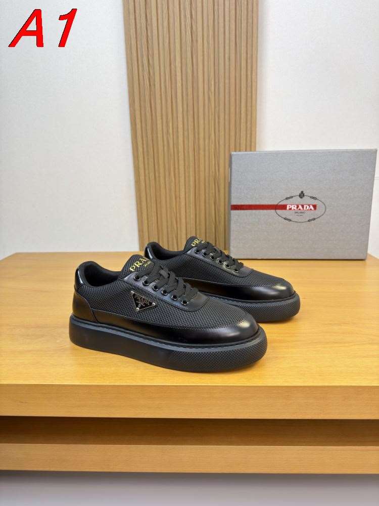 2026新作【Prada】チャンキースニーカー レザー×网眼 金品牌标识 Black カジュアル