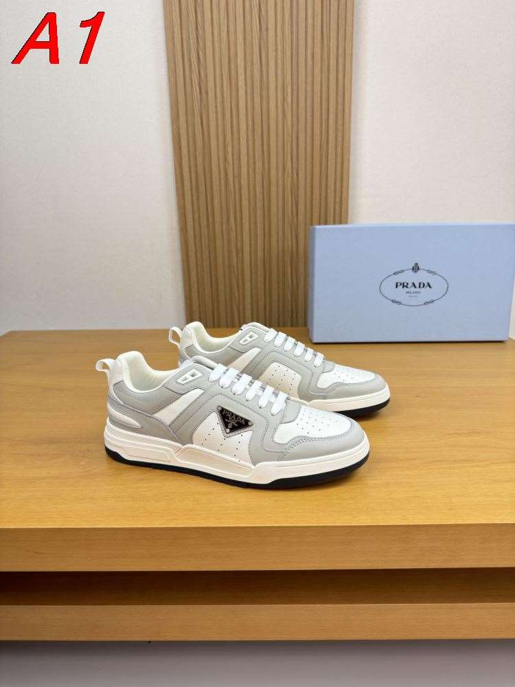 【Prada】スニーカー 白×灰拼接 倒三角标识 白×黒分层厚底 カジュアル