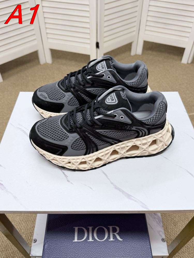 2026新作【Dior】チャンキースニーカー メッシュ×レザー 镂空底 グレー×ブラック カジュアル
