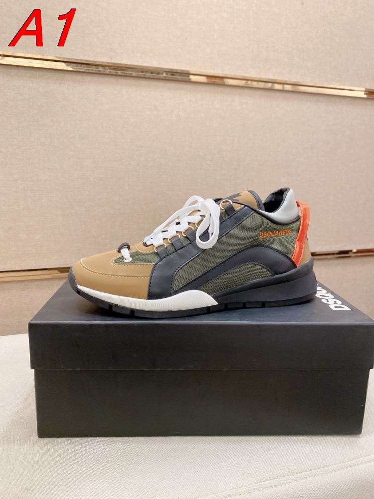 2026新作発表【DSquared2】スニーカー メッシュ×レザー DSQ2柄 白底 カーキ×グリーン カジュアル
