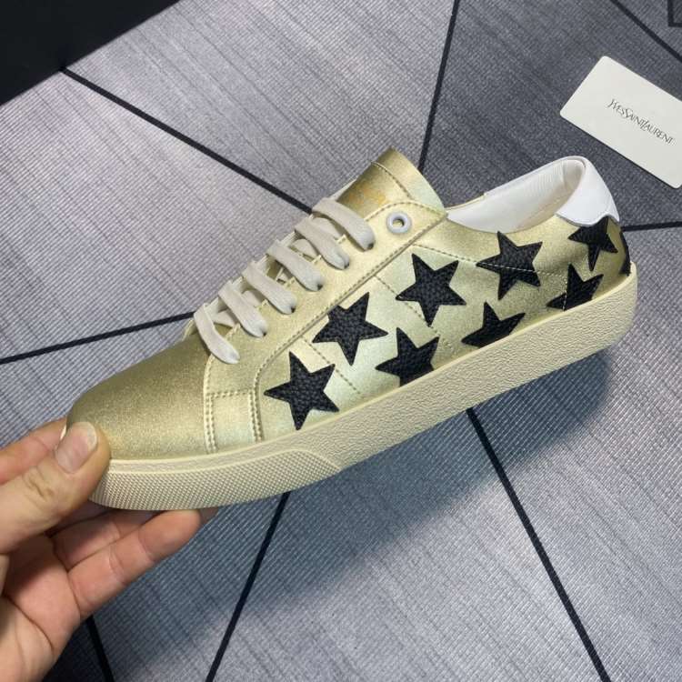 2026新作発表【Saint Laurent】スニーカーレザー 星装飾 双列排列 シャンパン×黒 カジュアル