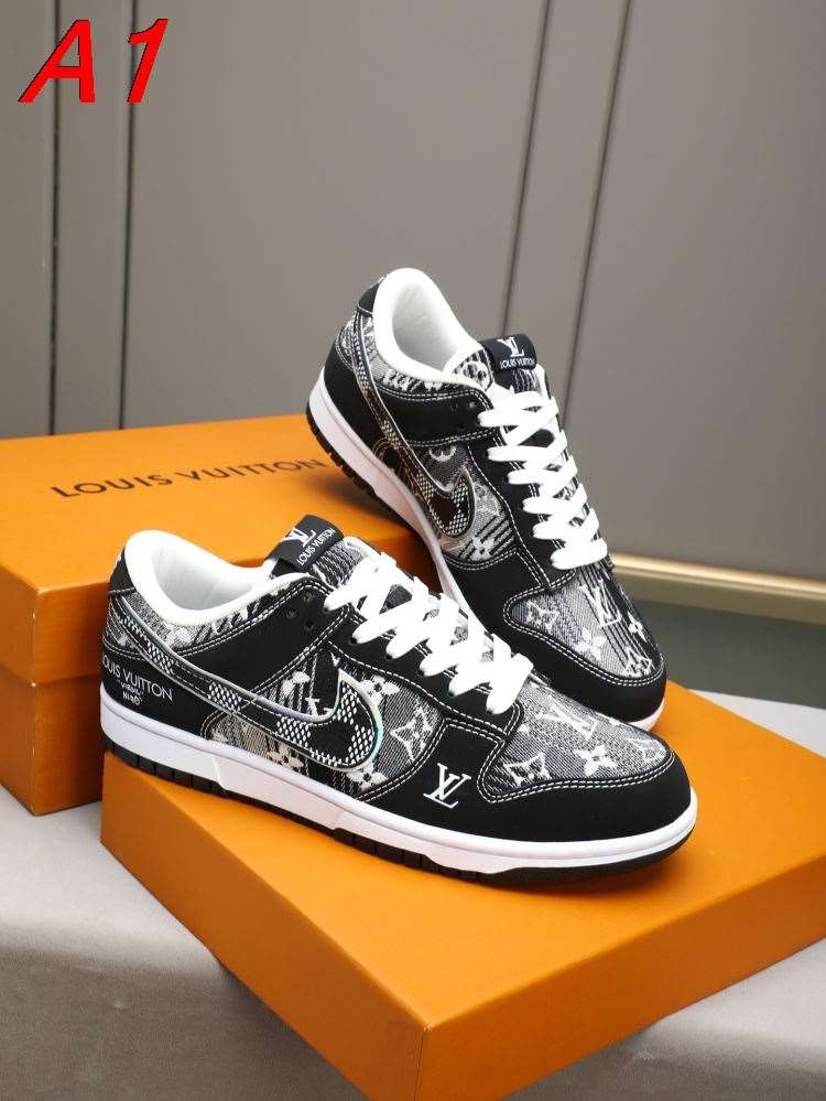 2026入荷しました【Louis Vuitton】スニーカー デニム×レザー モノグラム Swoosh装饰 グレー×ブラック ストリート