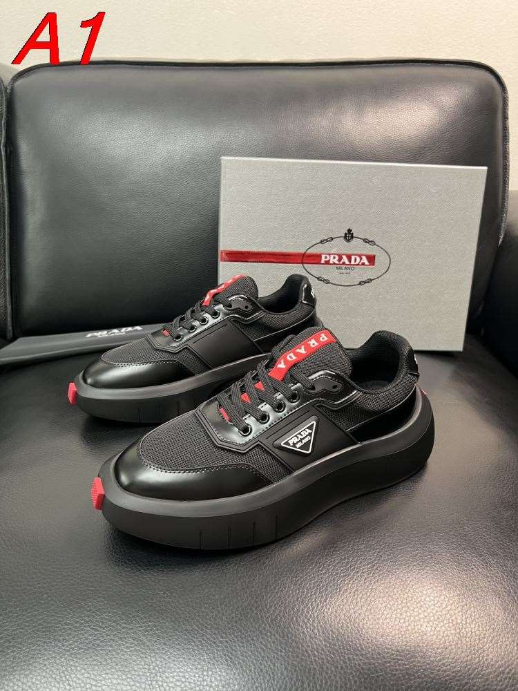2026発売中!【Prada】チャンキースニーカー レザー×网布 赤リボン饰り Black ストリート