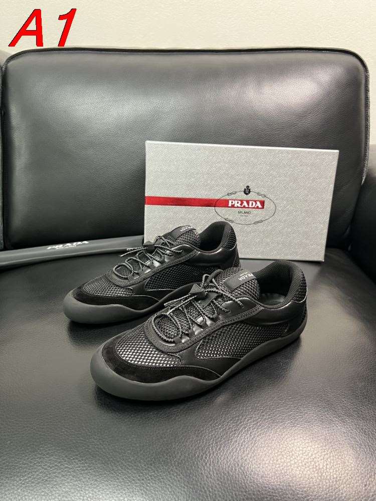 2026新作発表【Prada】スニーカー メッシュ×レザー 三角银标 Black カジュアル