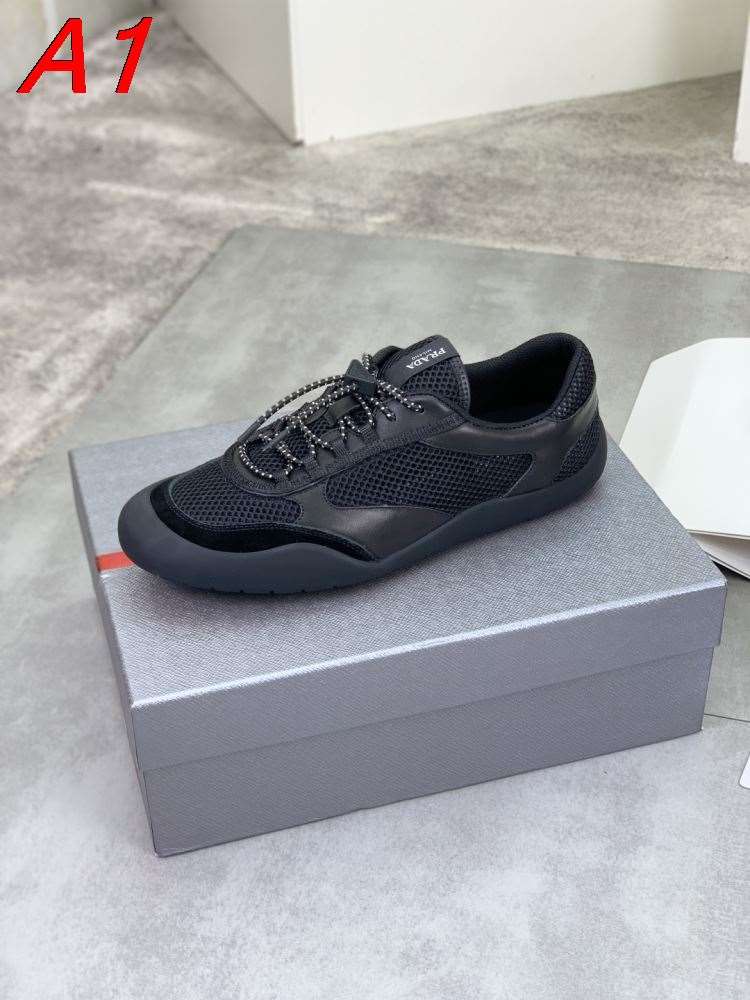 2026発売【Prada】スニーカー メッシュ×レザー ドローストリング Black カジュアル