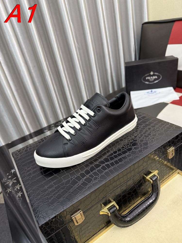 2026新作発表【Prada】スニーカー レザー 压纹线条 Black× White カジュアル