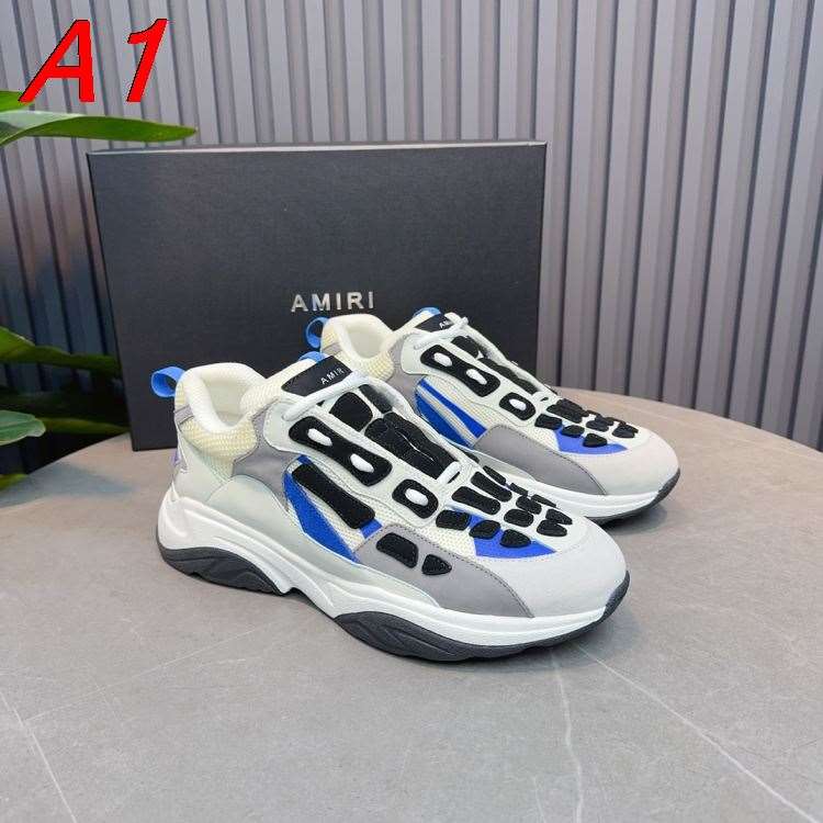 2026入荷【AMI Paris】チャンキースニーカー レザー×スエード×メッシュ 骨格モチーフ ベージュ×ブルー ストリート