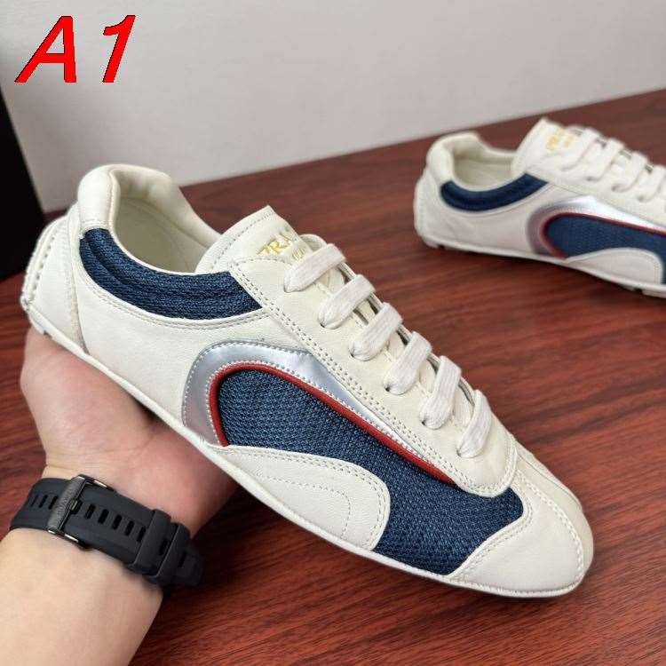 2026入荷しました【Prada】スニーカー レザー×网状 赤×银装饰 White×ネイビー カジュアル