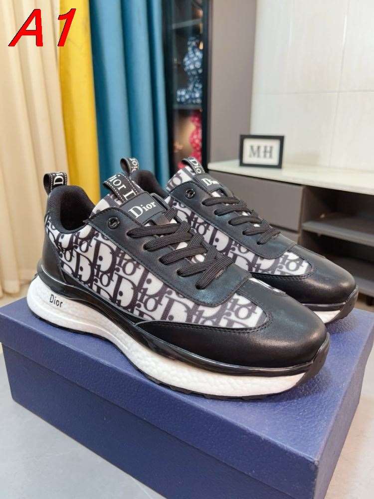 【Dior】スニーカー レザー×モノグラム柄 白底 ブラック×グレー カジュアル