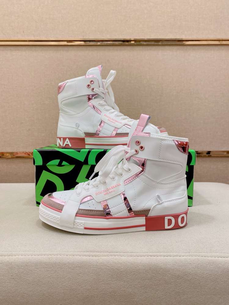 2026入荷しました【Dolce & Gabbana】スニーカー レザー×玫瑰ピンク装飾 DG MILANO柄 ホワイト×ピンク カジュアル