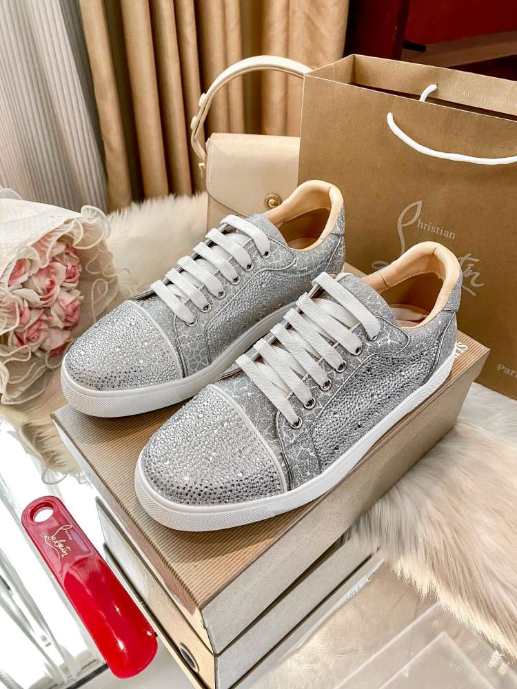 2026発売【Christian Louboutin】スニーカー レザー スパンコール 満テDiam シルバー×ベージュ×ホワイト パーティー