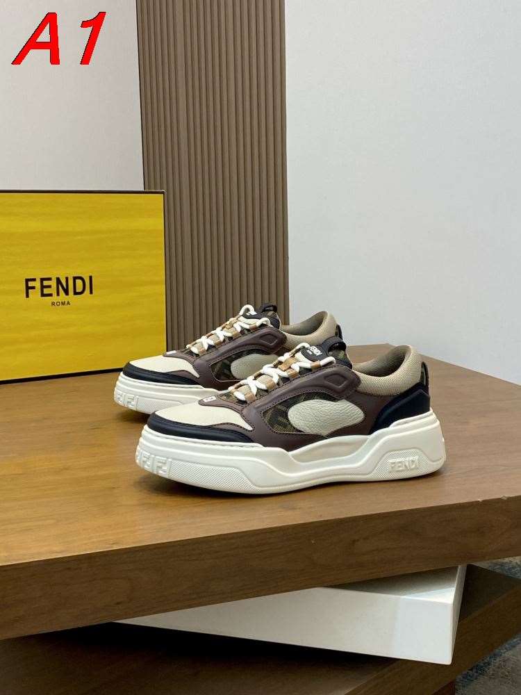 2026発売【Fendi】スニーカー レザー FF柄×迷彩 白底 ホワイト×布朗 カジュアル