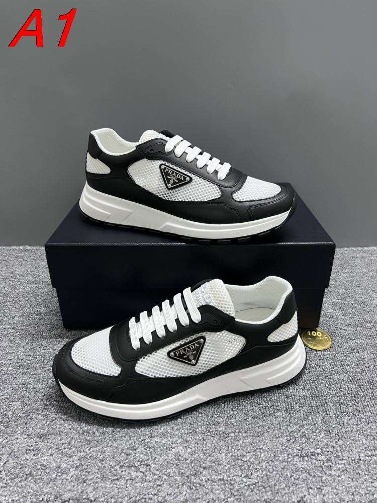 2026発売【Prada】スニーカー レザー×网眼 倒三角标识 黑白撞色 カジュアル