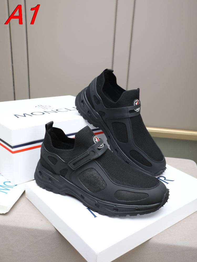 2026入荷しました【Moncler】スリッポン ニット×レザー 魔术贴装饰 山峰ロゴ :black デイリー