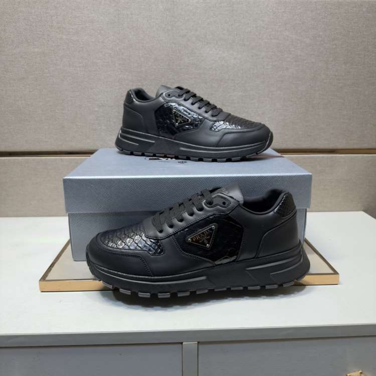 2026入荷【Prada】スニーカー レザー エンボス crocodile纹様 Black カジュアル