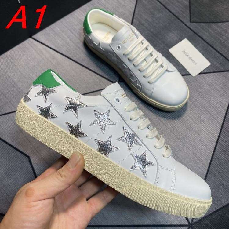2026入荷【Saint Laurent】スニーカーレザー 星装飾 爬虫類柄 YSL Logo 白×緑×シルバー カジュアル