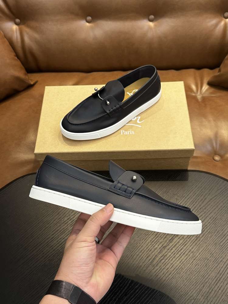 2026発売中！【Christian Louboutin】ローファー レザー 编织紋様×釘 ネイビー×ホワイト フォーマル