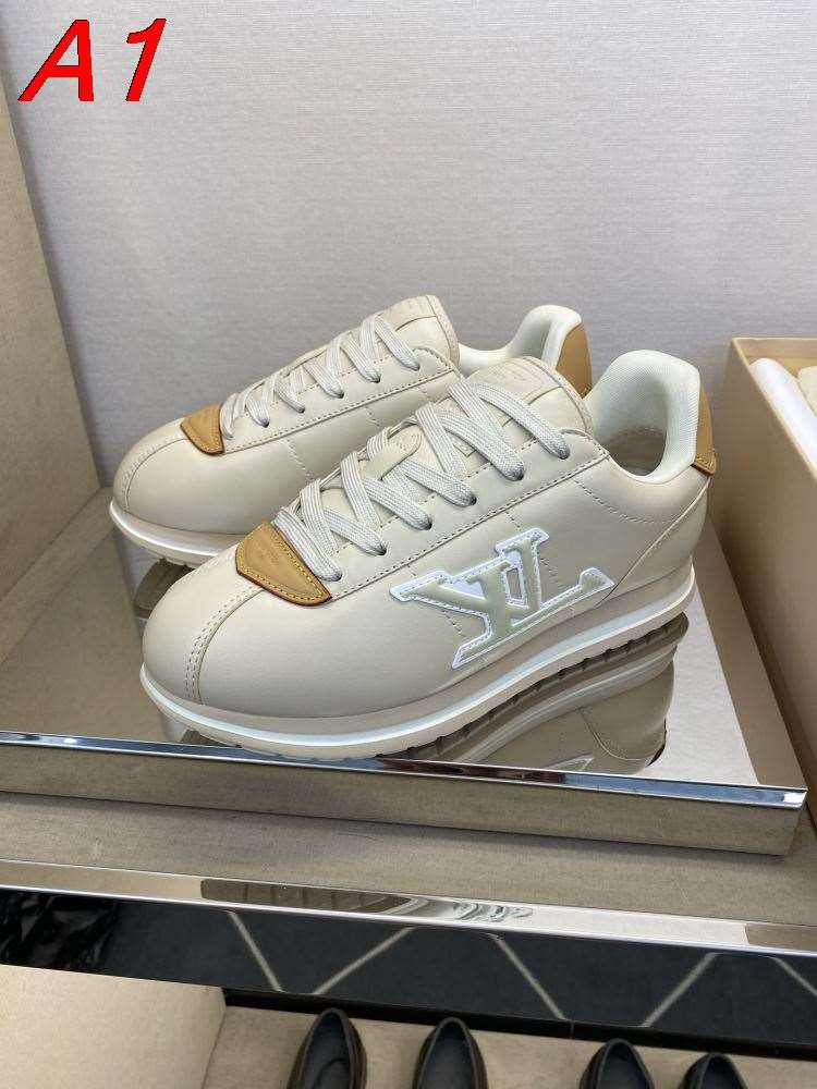 【Louis Vuitton】スニーカーレザー×レザー  Logo装饰 ベージュ×布朗 カジュアル