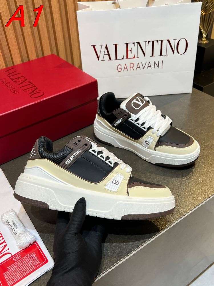 2026発売【Valentino】スニーカーレザー×レザー 多素材拼接 B标识 Logo プラットフォーム 白×黒×深棕 カジュアル