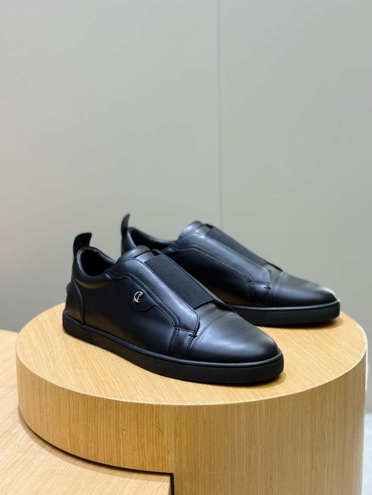 2026発売【Christian Louboutin】スリッポン レザー 弹性织带×銀五金  ブラック×シルバー ビジネス