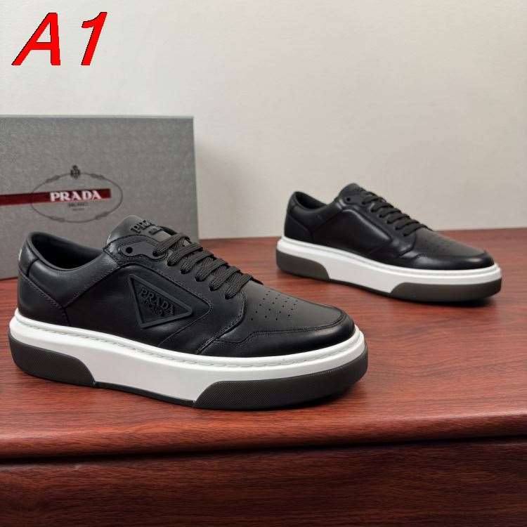 2026新作【Prada】スニーカー 光沢レザー 倒三角标识 Black× White カジュアル