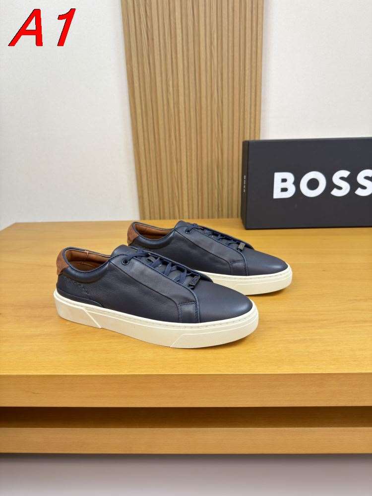 2026入荷【BOSS】ローカットスニーカー レザー ロゴポイント ネイビー×布朗 ビジネス