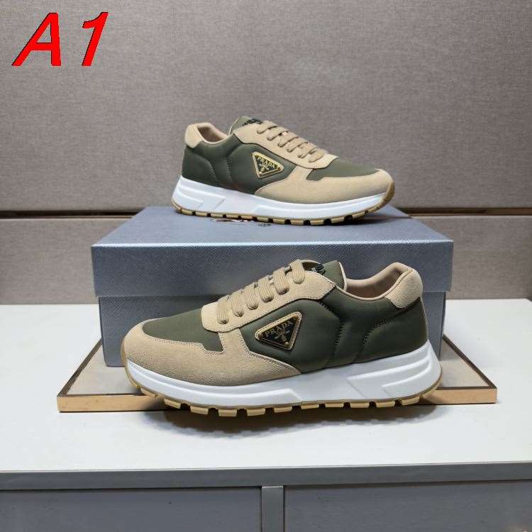 【Prada】スニーカー スエード×レザー 金縁三角标 カーキ×グリーン カジュアル