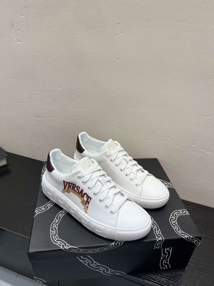 2026発売【Versace】スニーカー レザー VERSACE Logo 希腊鍵巻底 白×赤 カジュアル