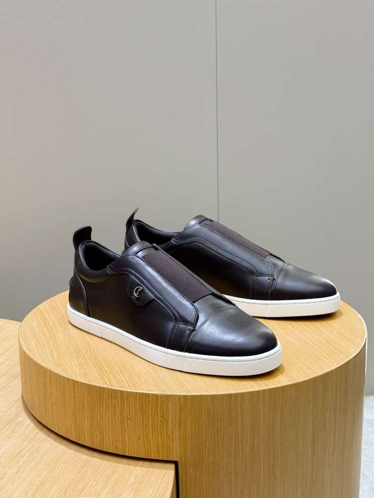 【Christian Louboutin】スリッポン レザー 弹性织带×C字五金 ブラウン×ブラック×白 フォーマル