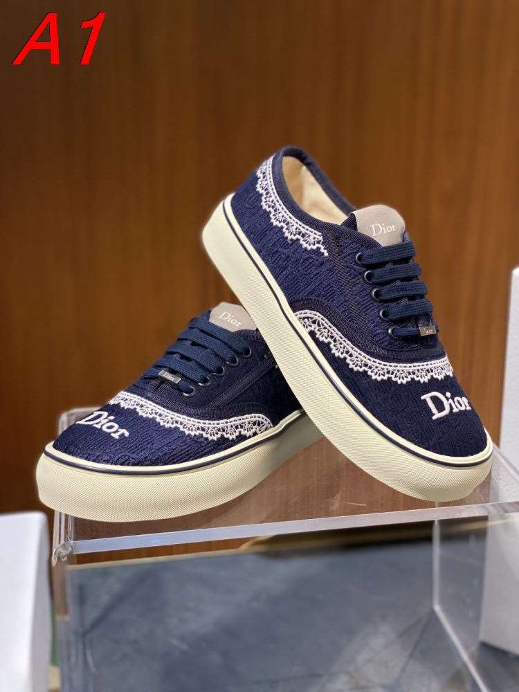 2026新作【Dior】スニーカー レザー×蕾ース CD柄 白底 ネイビー×ホワイト カジュアル