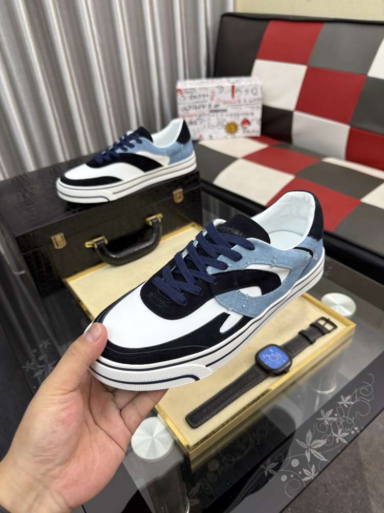 【Dolce & Gabbana】スニーカー レザー×デニム×スエード 拼色 ホワイト×ブラック×ブルー カジュアル