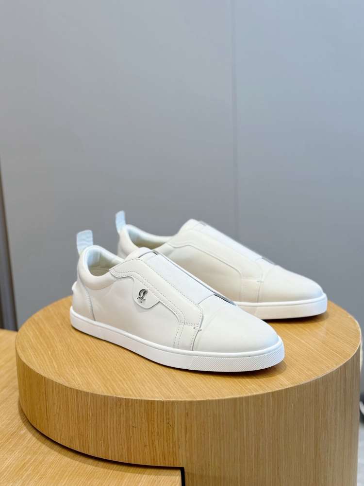 2026新作発表【Christian Louboutin】スリッポン レザー 弹性织带×Q字五金 ホワイト×白 デイリー